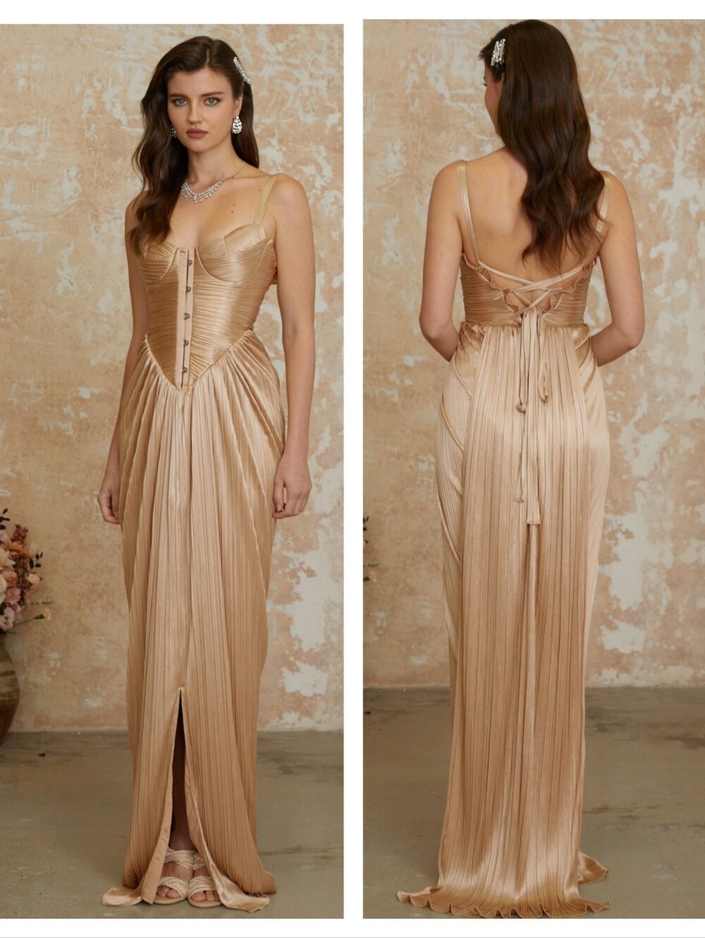 Miss Rosier Nicoletta Gold Glossy Pleated Corset Maxi Dress Size Medium